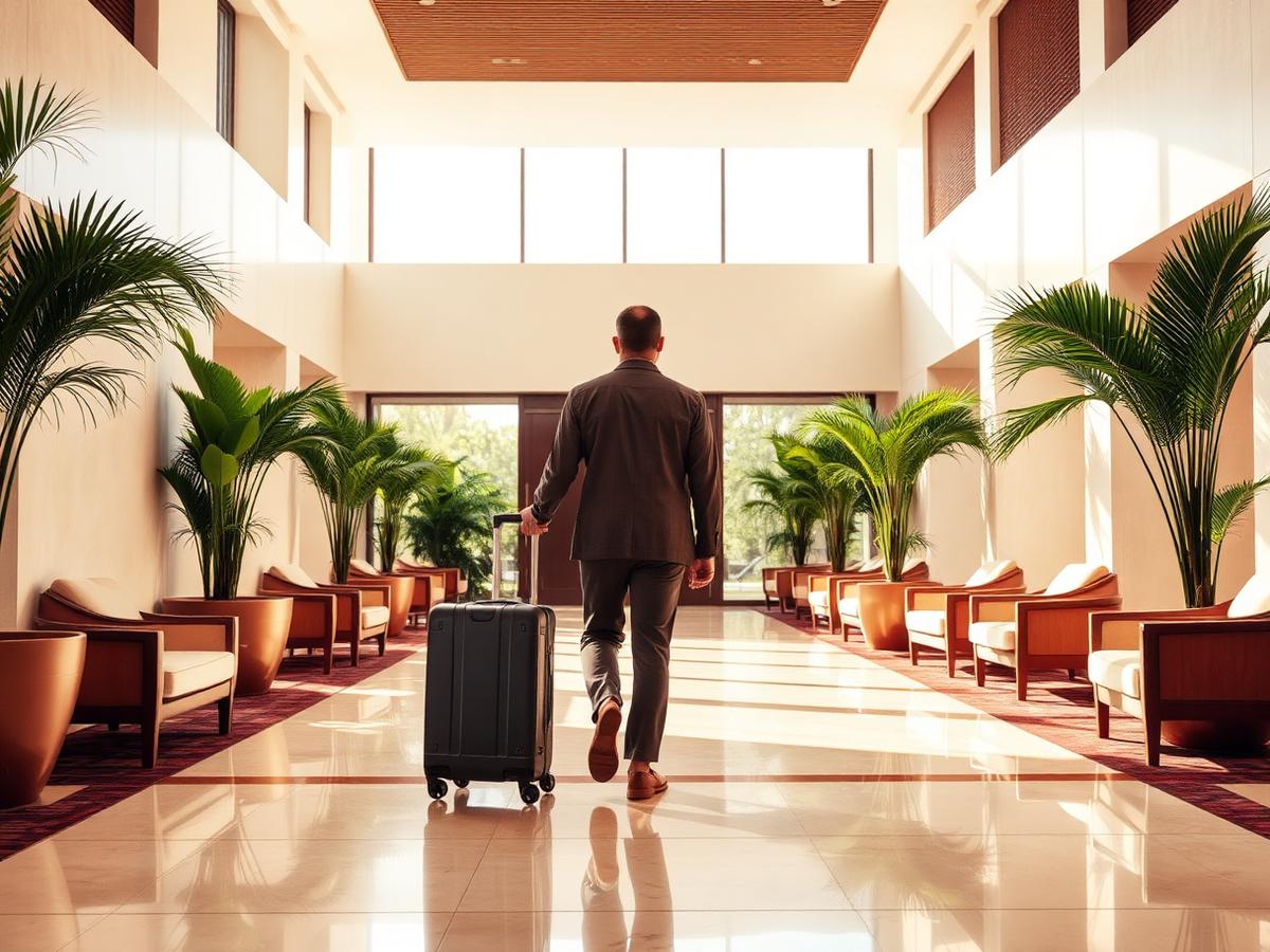 Viajante chegando com mala a um lobby de hotel iluminado em Salvador